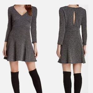 Free People V-Neck Fitted Bodice Tweed Knit Dress Key Hole Back, NWT, Size M